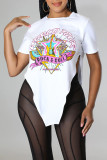 Blue Casual Print Patchwork Asymmetrical O Neck T-Shirts