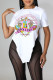 White Casual Print Patchwork Asymmetrical O Neck T-Shirts