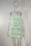 Light Green Fashion Sexy Solid See-through Backless One Shoulder Sleeveless Dress