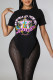 Black Casual Print Patchwork Asymmetrical O Neck T-Shirts