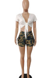 Light Green Casual Print Camouflage Print Bandage Patchwork V Neck Short Sleeve Two Pieces