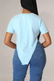 Blue Casual Print Patchwork Asymmetrical O Neck T-Shirts