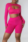 Rose Red Sexy Solid Patchwork Asymmetrical U Neck Long Sleeve Two Pieces