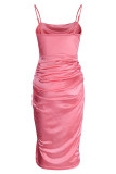 Pink Fashion Sexy Solid Patchwork Backless Spaghetti Strap Sleeveless Dress