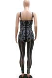Apricot Casual Solid Patchwork See-through Hot Drill Spaghetti Strap Skinny Jumpsuits