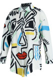 White Fashion Casual Print Patchwork Turndown Collar Shirt Dress
