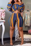 Tibetan Blue Casual Striped Print Patchwork Off the Shoulder Long Sleeve Two Pieces