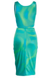 Green Sexy Print Patchwork U Neck Sleeveless Two Pieces