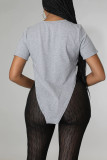 Blue Casual Print Patchwork Asymmetrical O Neck T-Shirts