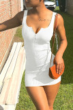 White Sexy Solid Patchwork U Neck Pencil Skirt Dresses