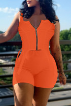 Orange Sexy Casual Solid Patchwork Asymmetrical U Neck Sleeveless Two Pieces