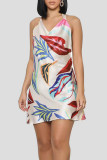 White Sexy Print Bandage Patchwork Backless Halter A Line Dresses