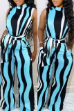 Blue Fashion Casual Striped Print With Belt Half A Turtleneck Regular Jumpsuits