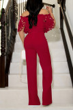 Turquoise Elegant Solid Hollowed Out Patchwork Off the Shoulder Straight Jumpsuits