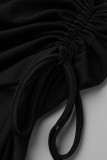 Black Sexy Solid Patchwork Flounce Asymmetrical Spaghetti Strap Dresses