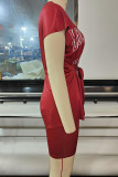 Red Sexy Street Print Patchwork Slit O Neck Two Pieces