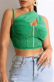Green Fashion Sexy Solid Hollowed Out Patchwork Backless Oblique Collar Tops