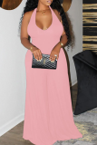 Pink Casual Solid Patchwork Halter Loose Jumpsuits