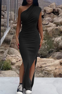 Black Fashion Solid Slit One Shoulder Pencil Skirt Dresses