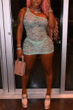 Light Green Fashion Sexy Solid See-through Backless One Shoulder Sleeveless Dress