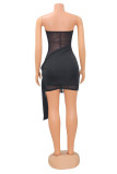 Black Fashion Sexy Patchwork Solid See-through Backless Strapless Sleeveless Two Pieces