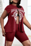 Red Sexy Street Print Patchwork Slit O Neck Two Pieces