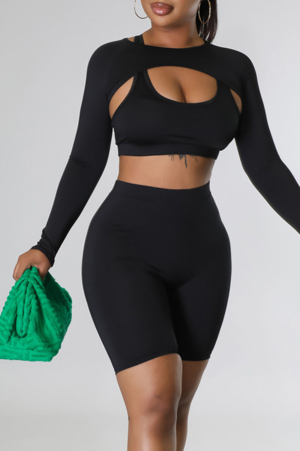Black Sexy Solid Patchwork Asymmetrical U Neck Long Sleeve Two Pieces