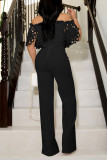 Turquoise Elegant Solid Hollowed Out Patchwork Off the Shoulder Straight Jumpsuits
