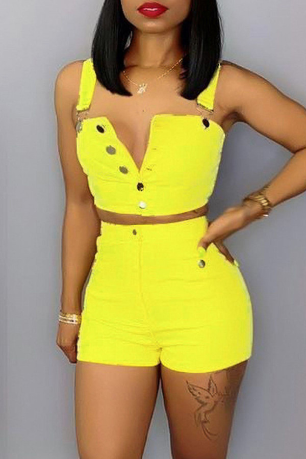Yellow Sexy Solid Patchwork Buckle Spaghetti Strap Sleeveless Two Pieces(Without Belt)