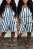 Blue Fashion Casual Striped Print Basic V Neck Regular Romper