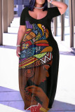 Black Brown Fashion Casual Plus Size Print Patchwork V Neck Short Sleeve Dress