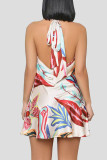 White Sexy Print Bandage Patchwork Backless Halter A Line Dresses