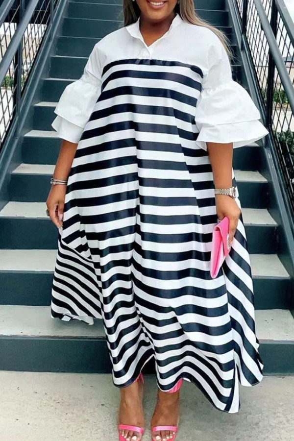 White Casual Street Striped Print Patchwork Mandarin Collar Straight Dresses