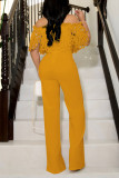 Turquoise Elegant Solid Hollowed Out Patchwork Off the Shoulder Straight Jumpsuits