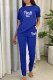 Blue Casual Print Patchwork O Neck Short Sleeve Two Pieces