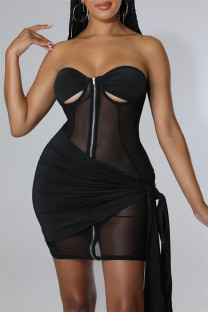 Black Fashion Sexy Patchwork Solid See-through Backless Strapless Sleeveless Two Pieces