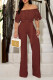 Camel Elegant Solid Hollowed Out Patchwork Off the Shoulder Straight Jumpsuits