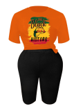 Orange Fashion Street Print Patchwork O Neck T-Shirts