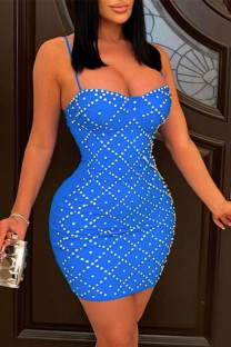 Blue Fashion Sexy Patchwork Hot Drilling Backless Spaghetti Strap Sleeveless Dress