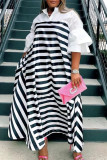 White Casual Street Striped Print Patchwork Mandarin Collar Straight Dresses