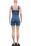 Blue Sexy Solid Patchwork Buckle Spaghetti Strap Sleeveless Two Pieces(Without Belt)