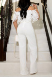Turquoise Elegant Solid Hollowed Out Patchwork Off the Shoulder Straight Jumpsuits
