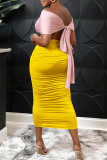 Yellow Sexy Solid Hollowed Out Patchwork Off the Shoulder Pencil Skirt Dresses