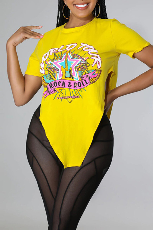 Yellow Casual Print Patchwork Asymmetrical O Neck T-Shirts