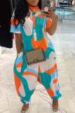 Orange Blue Fashion Casual Print Buttons Turtleneck Regular Jumpsuits