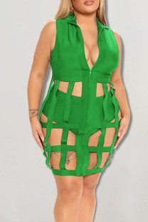 Green Sexy Solid Hollowed Out Patchwork Zipper Turndown Collar Plus Size Two Pieces