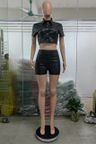 Black Fashion Casual Solid Patchwork Turndown Collar Short Sleeve Two Pieces