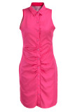 Rose Red Casual Solid Patchwork Buckle Fold Turndown Collar One Step Skirt Dresses
