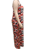 Red Casual Print Patchwork Asymmetrical Collar Plus Size Jumpsuits
