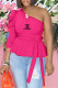 Rose Red Fashion Casual Print Letter Asymmetrical One Shoulder T-Shirts